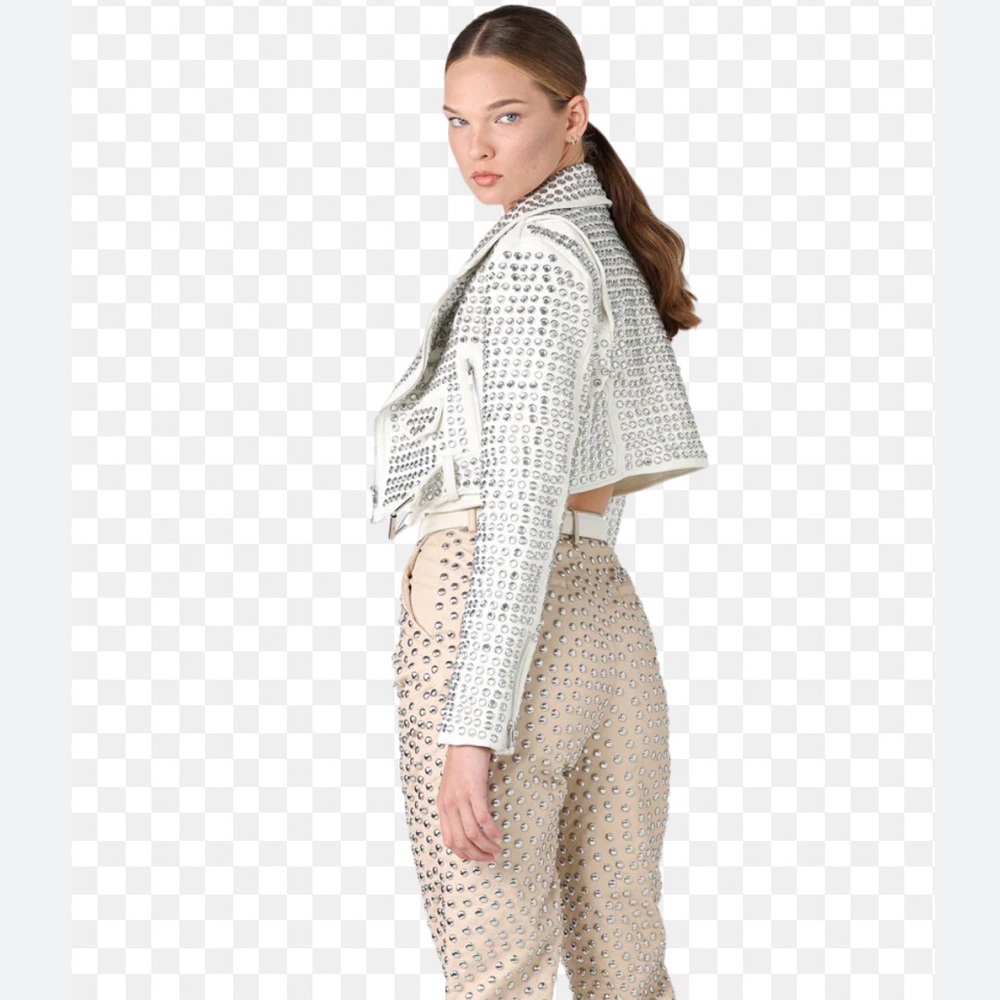 Seta Bianca Jacket- Studded White Cropped Moto Jacket - Women - Picture 2 of 5